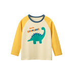 Autumn Baby Kids Unisex Letters and Dinosaur Print Color Patchwork Long Sleeves Crew Neck Base Top Shirt-0
