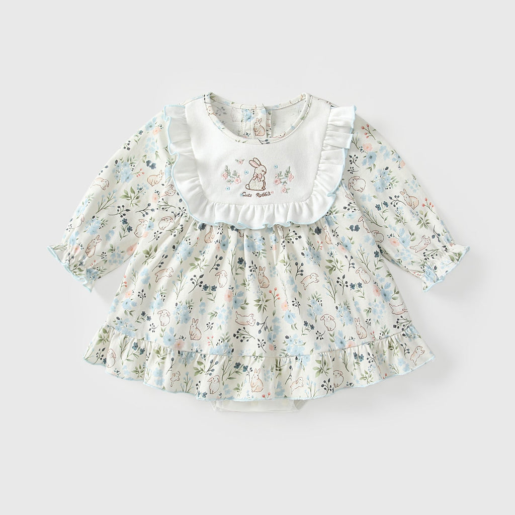 Arrival Autumn Baby Girls Floral Long Sleeves Rabbit Pattern Embroidered Dress-0