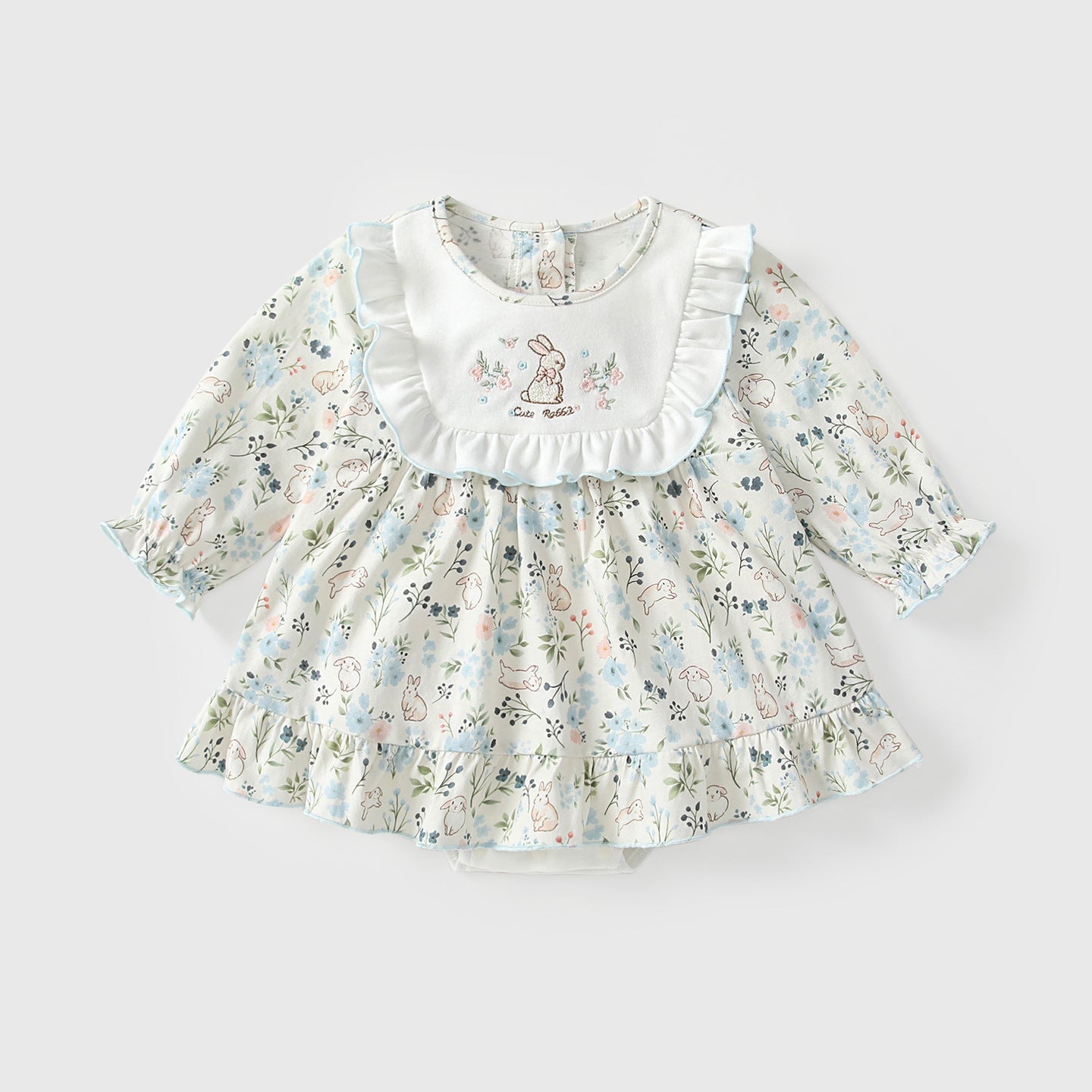 Arrival Autumn Baby Girls Floral Long Sleeves Rabbit Pattern Embroidered Dress-0