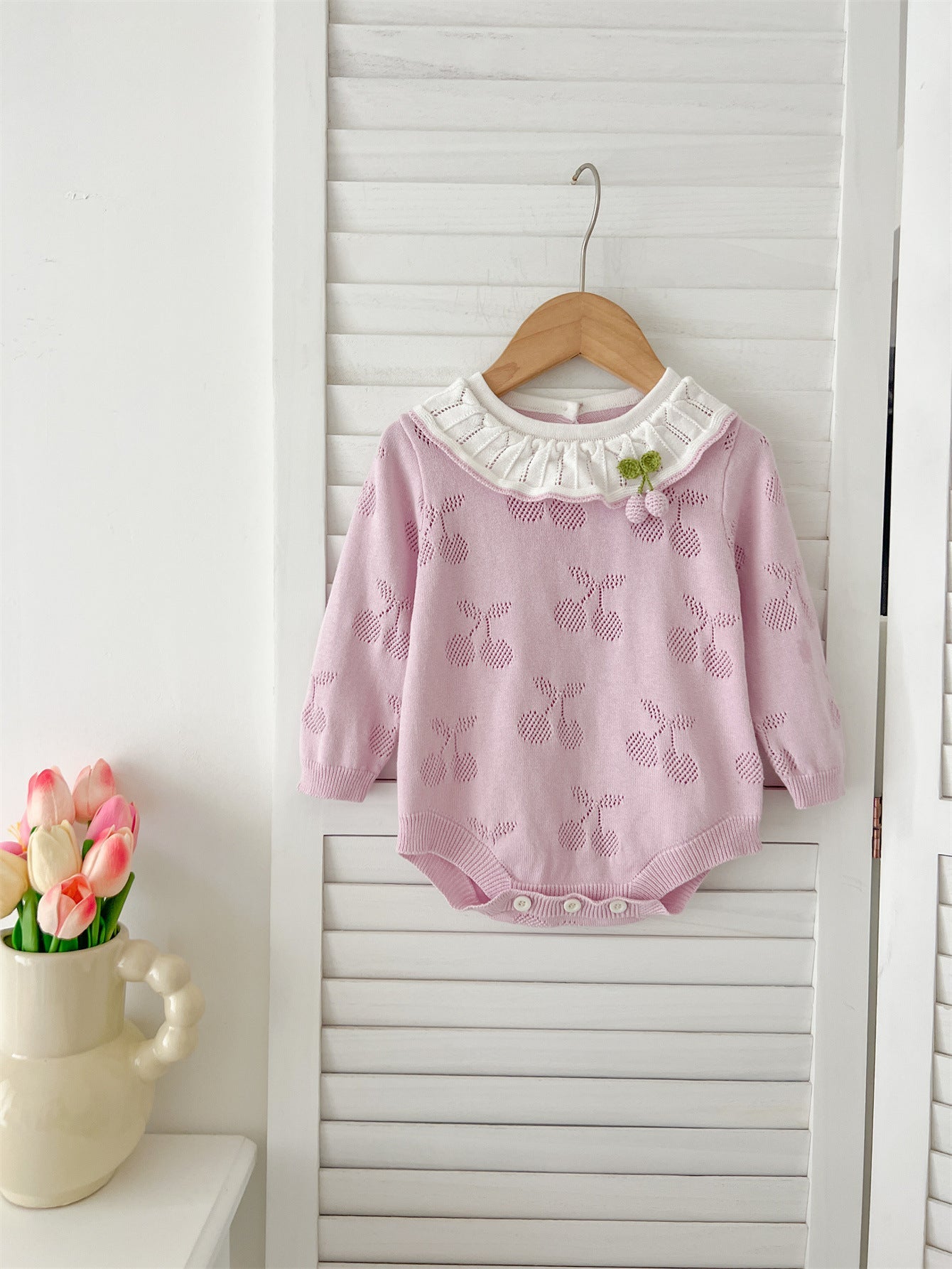 Autumn Arrival Baby Girls Cheery Hollow-out Pattern Long Sleeves Onesies with Collar-2