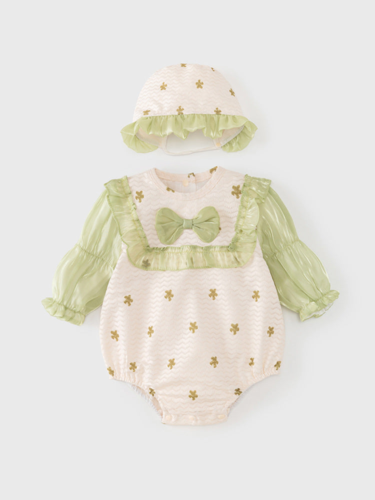 Autumn Arrival Baby Girls Flowers Pattern Long Sleeves Lace Patchwork Onesies with Hat-5