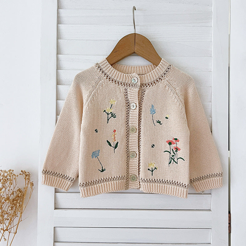 Arrival Baby Girls Comfortable Flowers Embroidery Pattern Knitted Long Sleeves Cardigan-4