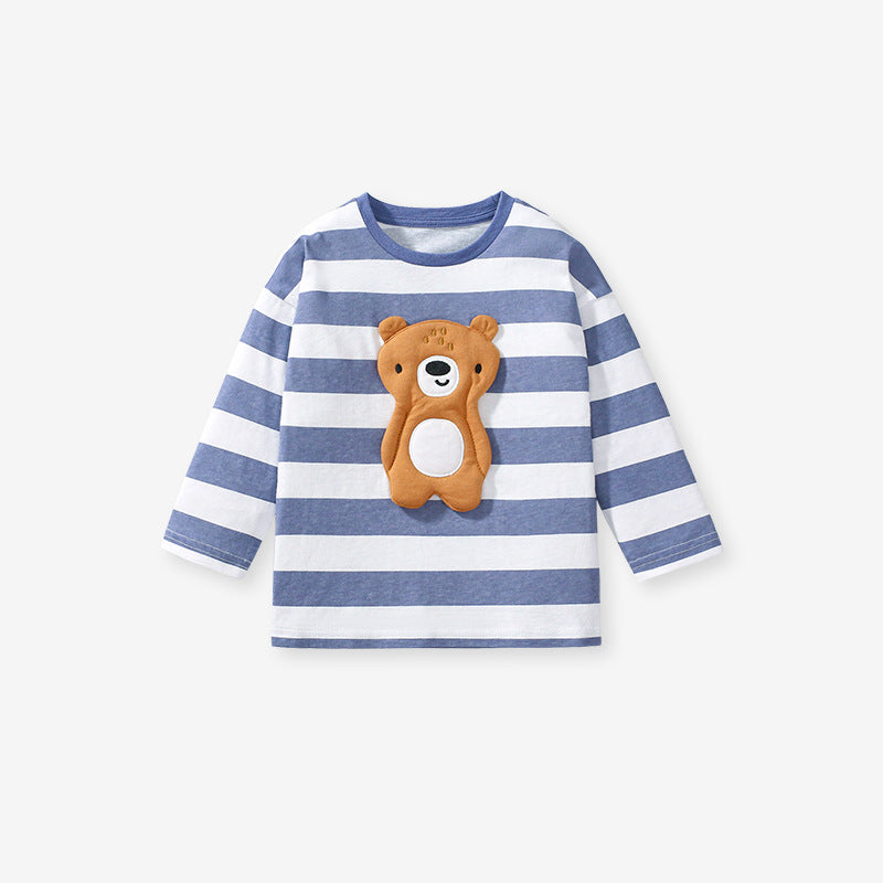 Arrival Autumn Girls’ 3D Teddy Bear Long Sleeves Striped T-shirt in European and American Style-1