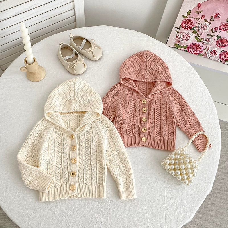Autumn Arrival Baby Girls Comfortable Solid Color Knitted Long Sleeves Cardigan with Hood-0