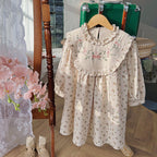 Arrival Autumn Girls Flowers Embroidery and Printed Pattern Long Sleeves Dress-0