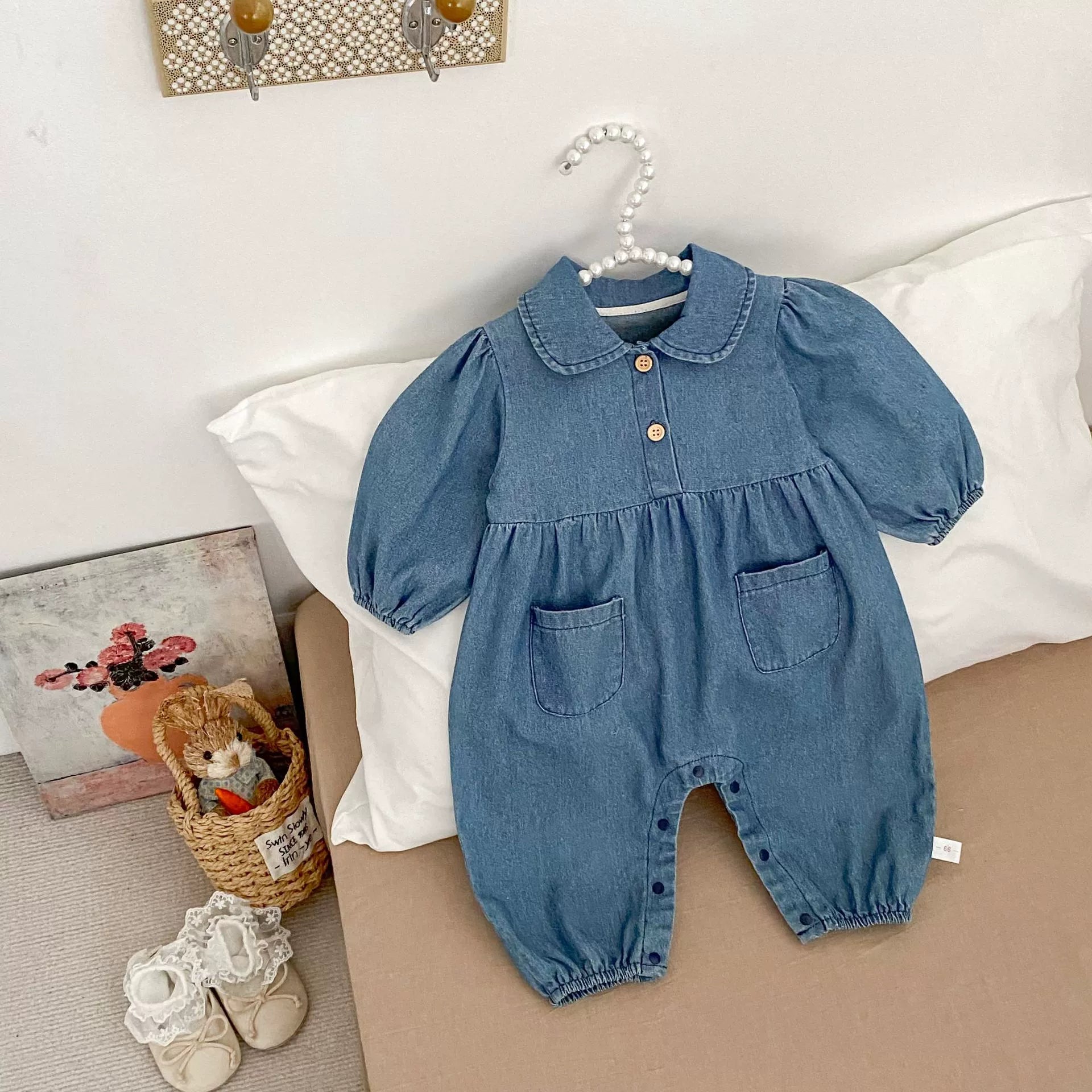 Autumn and Spring Arrival Baby Casual Pocketed Denim Rompers with Turn-down Collar-3