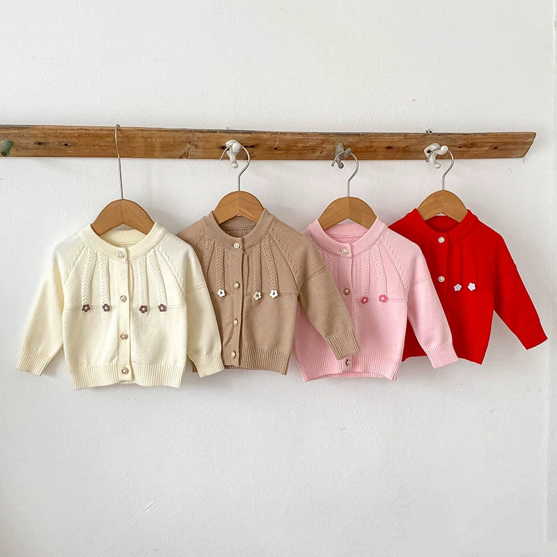 Autumn Arrival Baby Girls Comfortable Flowers Pattern Knitted Long Sleeves Cardigan-0