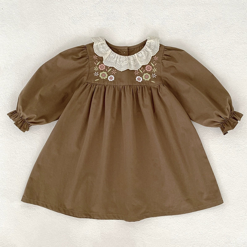 Arrival Autumn Girls Flowers Embroidery Pattern Long Sleeves Dress with Collar-2