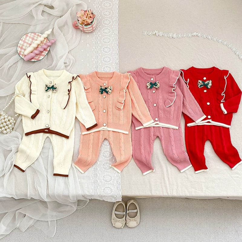 Arrival Autumn Baby Girls Long Sleeves Color Patchwork Jacquard Pattern Knitted Top Cardigan and Long Trousers Clothing Set-2