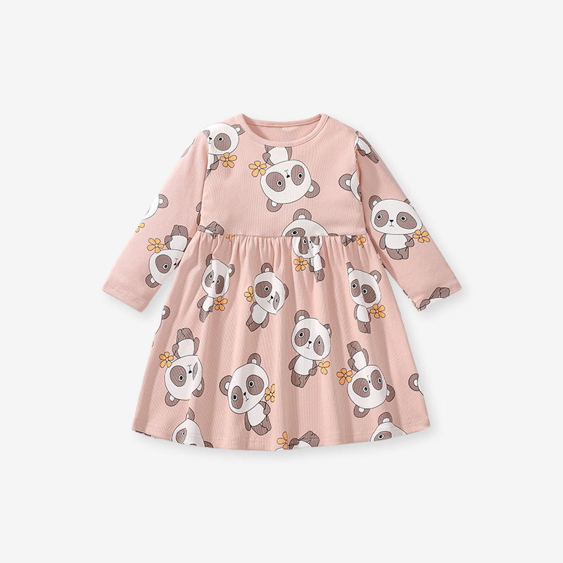 Arrival Autumn Girls Long Sleeves Cartoon Panda Pattern Crew Neck Dress-1
