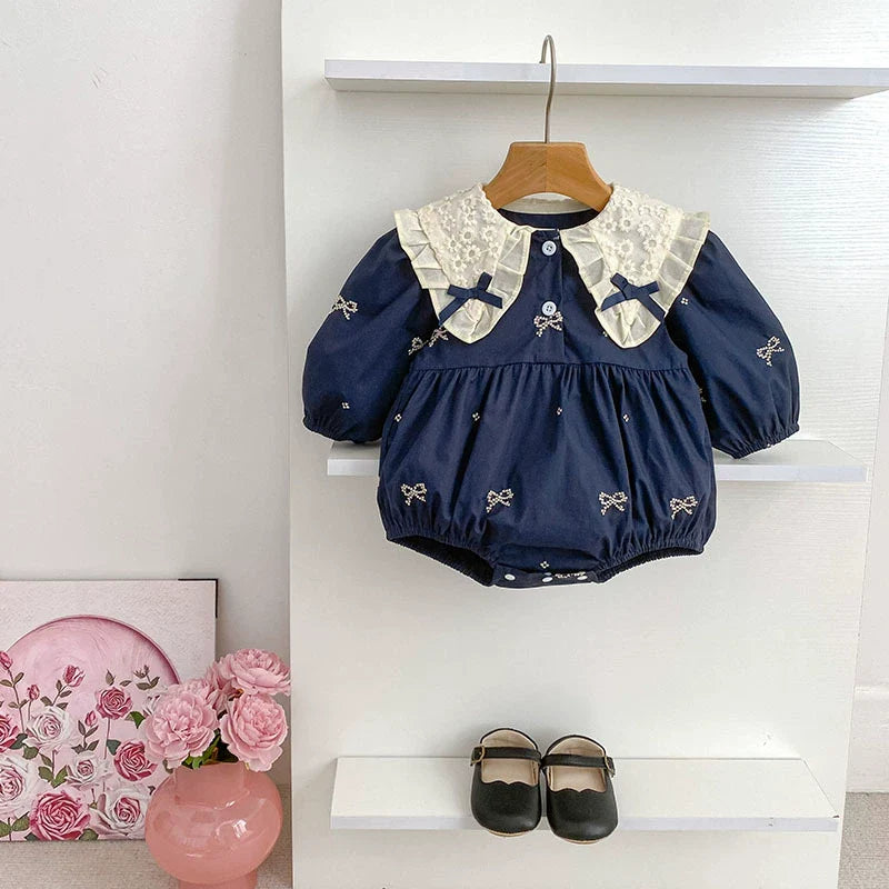 Arrival Spring Baby Kids Girls Long Sleeves Bows Embroidery Pattern Floral Collar Onesies and Dress – Princess Sister Matching Set-5