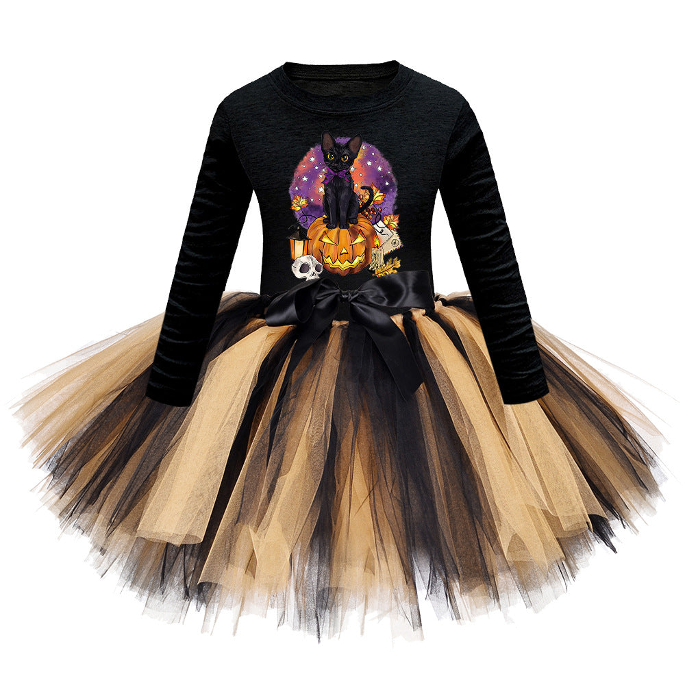 Arrival Girls’ Halloween Costume: Long Sleeves Cartoon Print Witches Cosplay Party Tulle Patchwork Dress-5