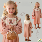 Arrival Autumn Girls Pink Long Sleeves Dress with Teddy Embroidery Collar-0