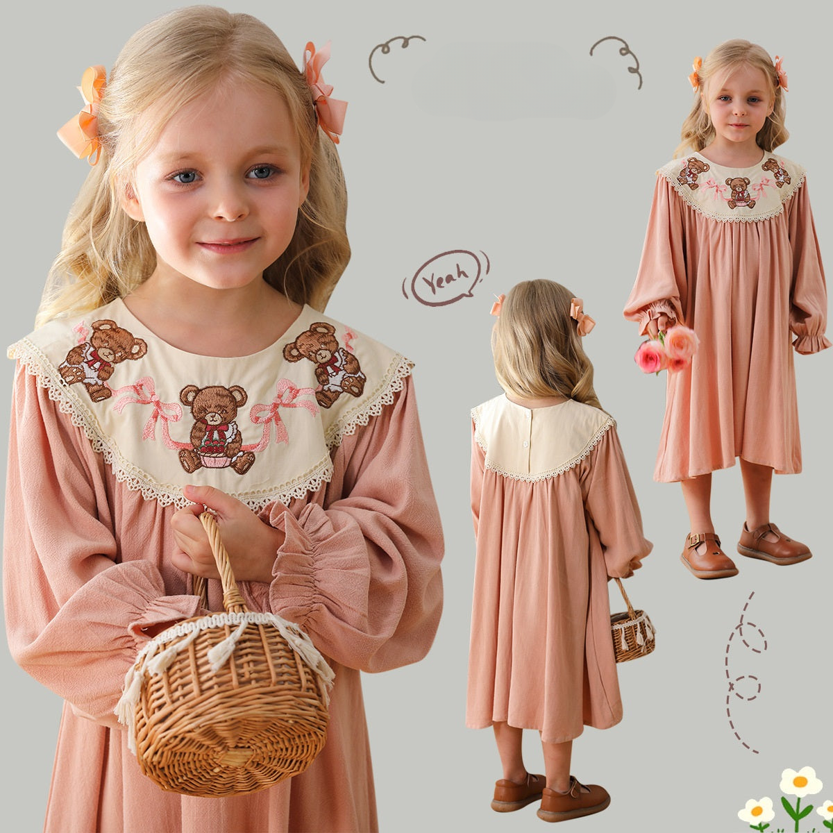 Arrival Autumn Girls Pink Long Sleeves Dress with Teddy Embroidery Collar-0