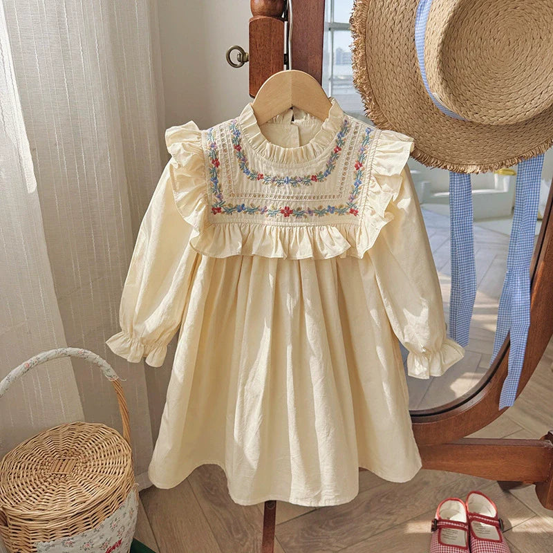 Arrival Autumn Girls Flowers Embroidery Pattern Long Sleeves Ruffle Neck Dress-4