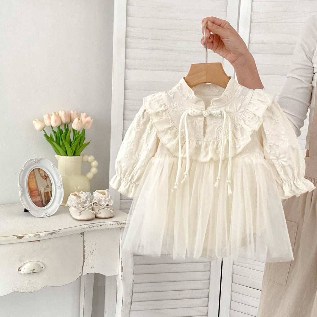 Autumn Arrival Baby Girls Long Sleeves Stand Collar Floral Embroidery Tulle Onesies Dress-4