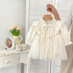 Autumn Arrival Baby Girls Long Sleeves Stand Collar Floral Embroidery Tulle Onesies Dress-4