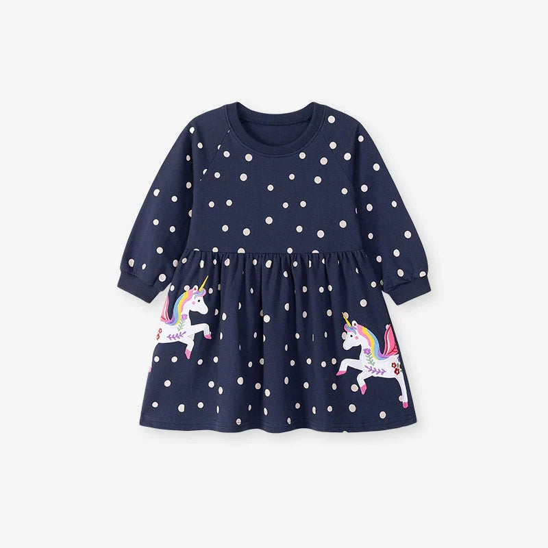 Autumn and Spring Arrival Unicorn Cartoon and Dots Pattern Long Sleeves Dress for Stylish Girls-4