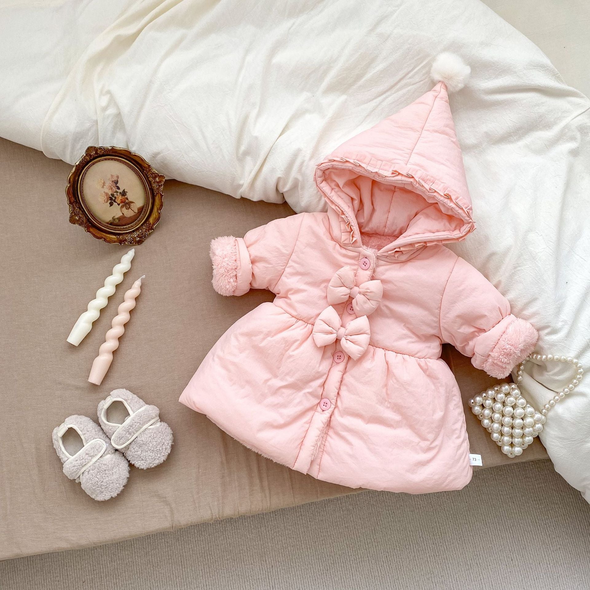 Arrival Baby Kids Girls Solid Color Single Breasted Hooded Thick Fleece-inside Coat-2