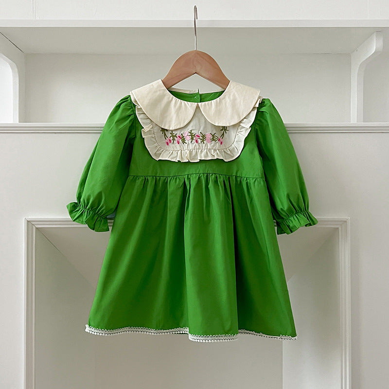 Arrival Autumn Baby Kids Girls Long Sleeves Peter Pan Collar Embroidery Flowers Pattern Onesies and Dress – Princess Sister Matching Set-5