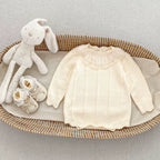 Autumn Arrival Baby Girls Knitted Long Sleeves Striped Jacquard Pattern Onesies-0