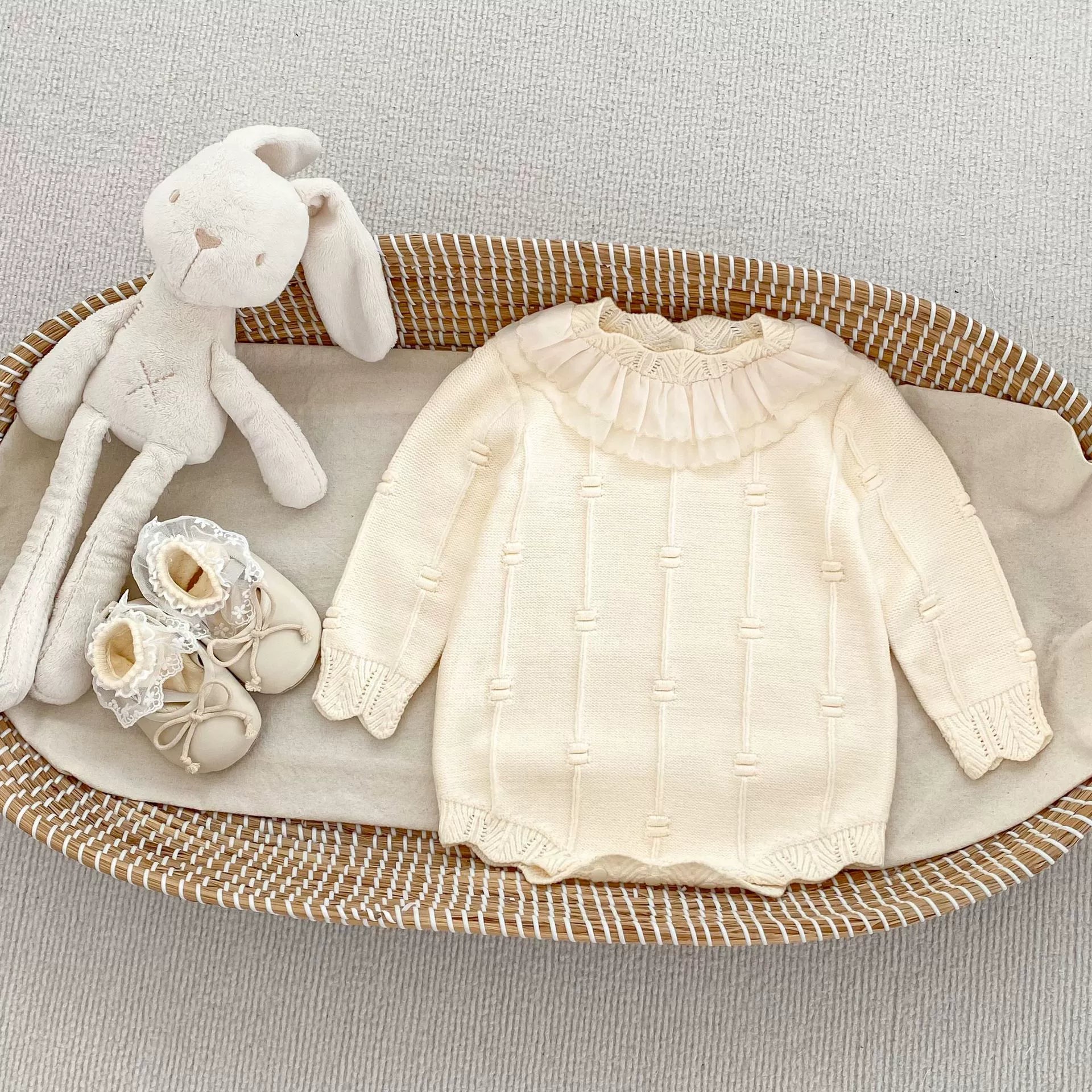 Autumn Arrival Baby Girls Knitted Long Sleeves Striped Jacquard Pattern Onesies-0