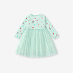Arrival Autumn Girls Cartoon Christmas Print Crew Neck Long Sleeves Tulle Patchwork Princess Dress-1