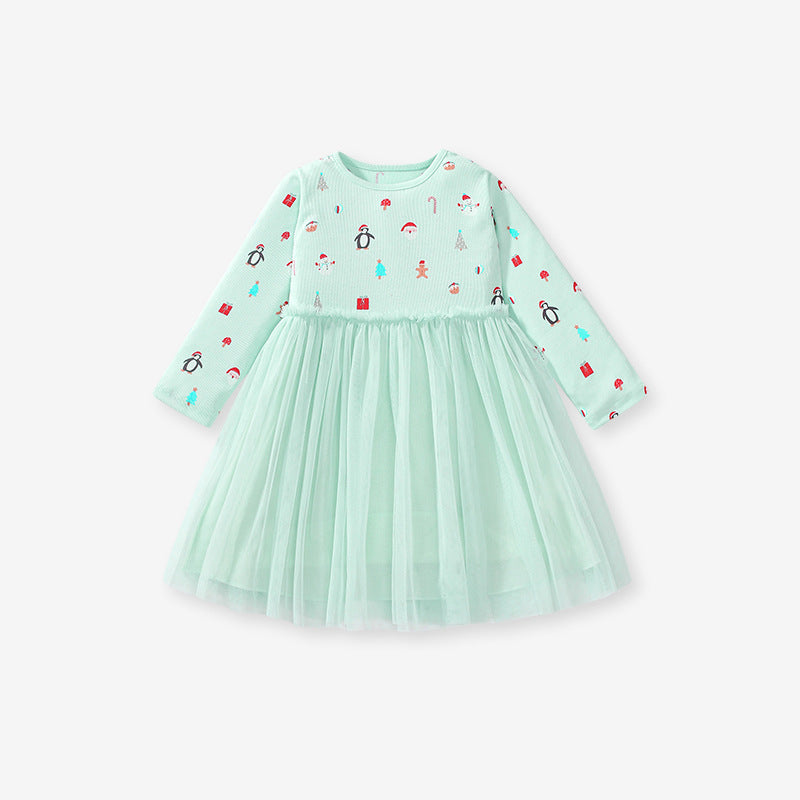 Arrival Autumn Girls Cartoon Christmas Print Crew Neck Long Sleeves Tulle Patchwork Princess Dress-1
