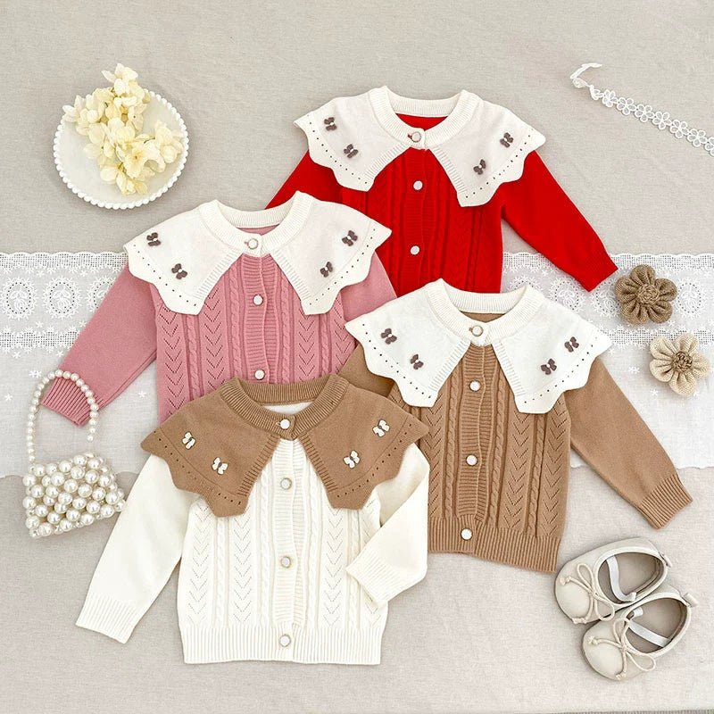 Autumn Arrival Baby Girls Comfortable Butterfly-bows Decorated Knitted Jacquard Long Sleeves Cardigan-0