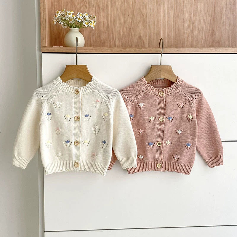 Autumn Arrival Baby Girls Comfortable Flowers Embroidery Pattern Knitted Long Sleeves Cardigan-4