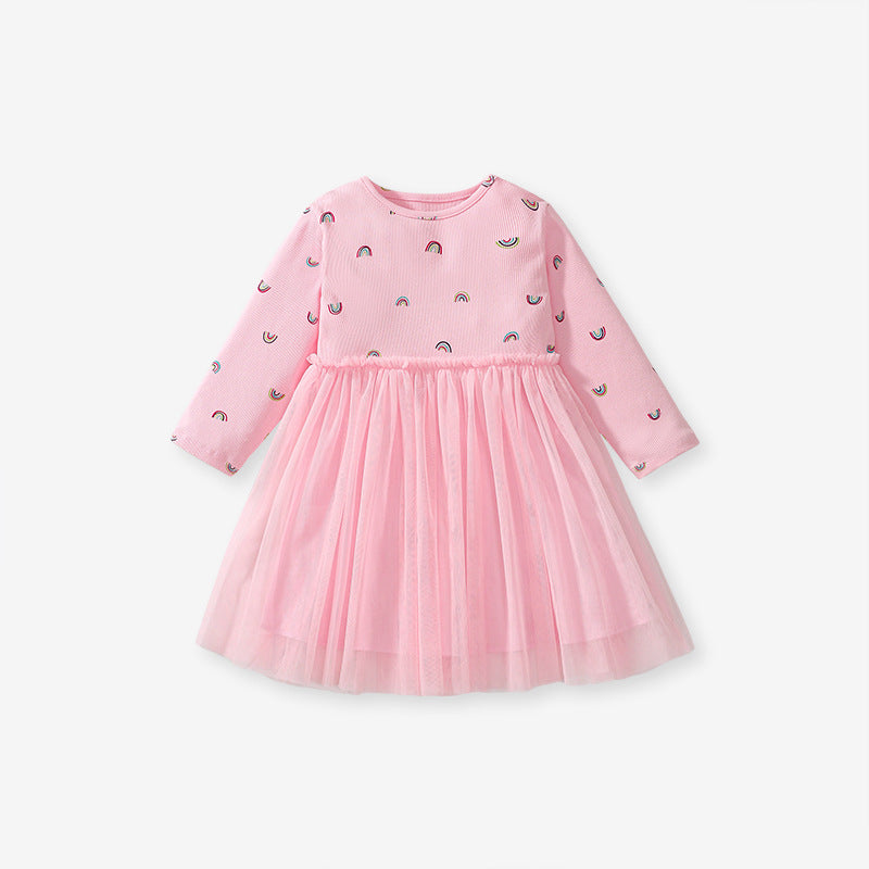 Arrival Autumn Girls Rainbows Print Crew Neck Long Sleeves Tulle Patchwork Princess Dress-1