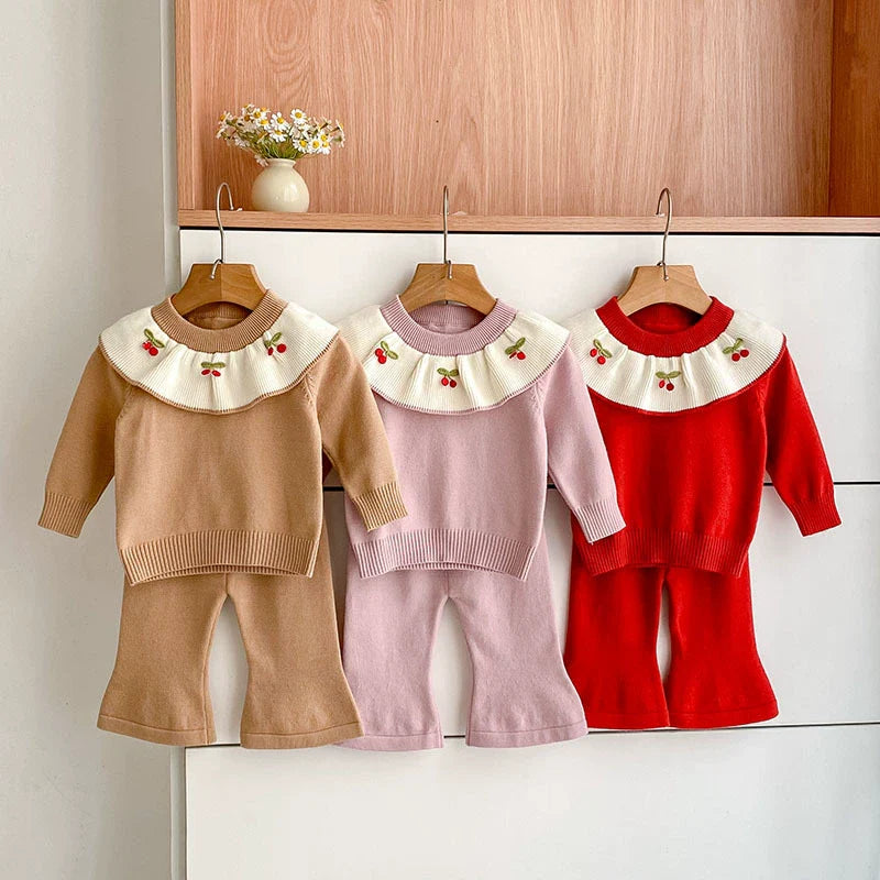 Arrival Autumn Baby Girls Long Sleeves Color Patchwork Cherry Embroidered Pattern Knitted Top Sweater and Long Trousers Clothing Set-2