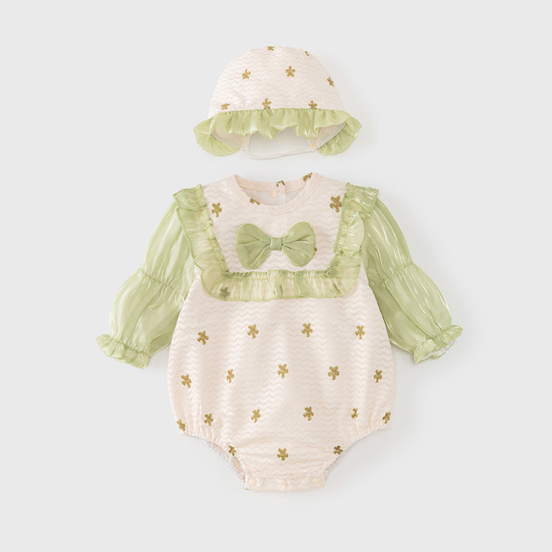 Autumn Arrival Baby Girls Flowers Pattern Long Sleeves Lace Patchwork Onesies with Hat-0