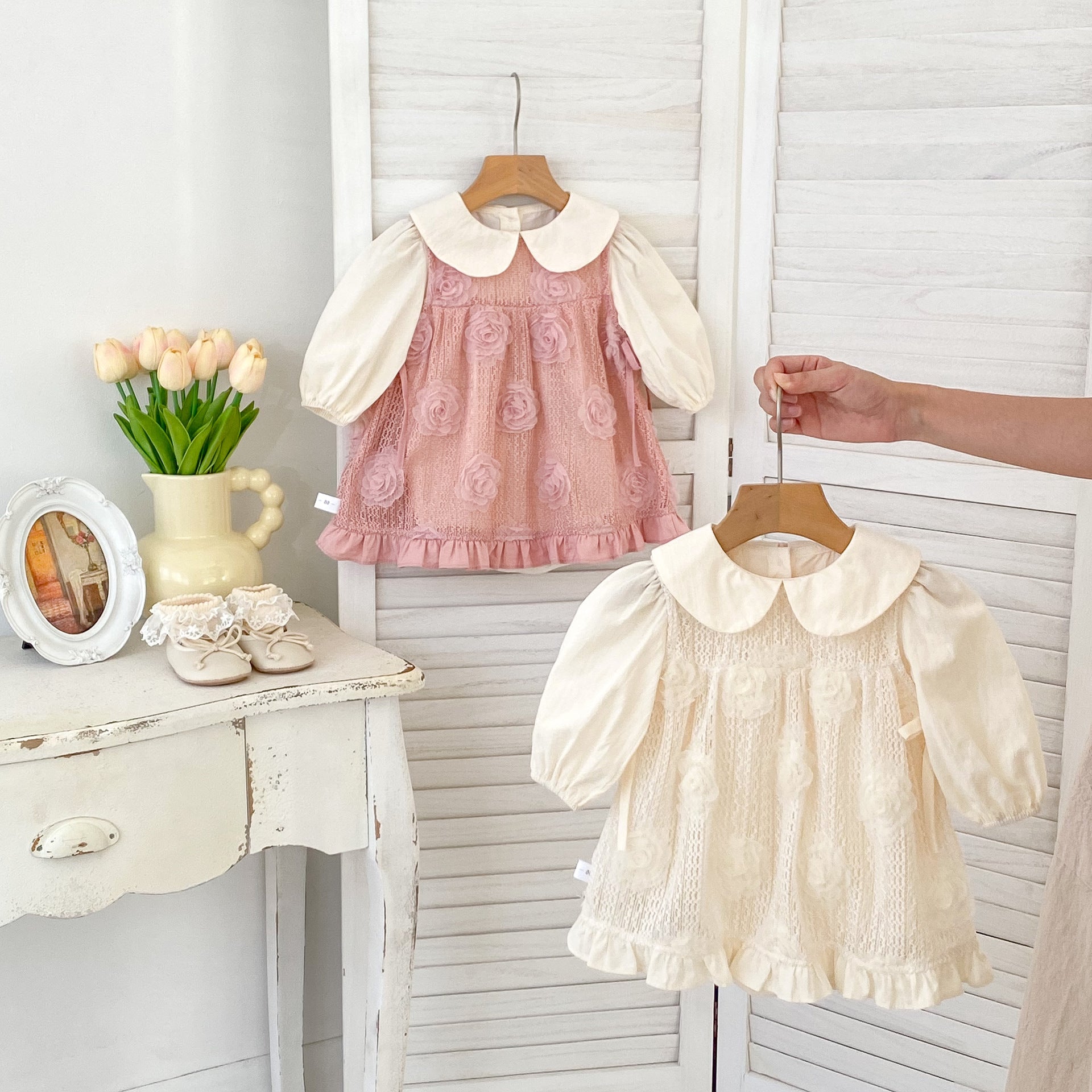 Arrival Autumn Baby Girls Long Sleeves Simple Top and Floral Pattern Dress – Detachable Clothing Set-0