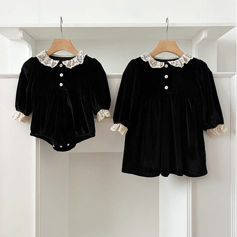 Arrival Spring Baby Kids Girls Long Sleeves Lace Facing Onesies and Dress – Princess Sister Matching Set-0