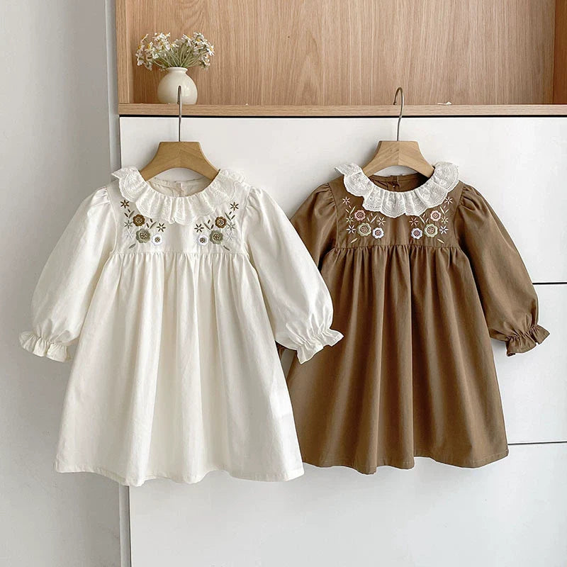 Arrival Autumn Girls Flowers Embroidery Pattern Long Sleeves Dress with Collar-0