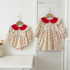 Arrival Autumn Baby Kids Girls Long Sleeves Cherry Pattern Peter Pan Collar Onesies and Dress – Princess Sister Matching Set-0
