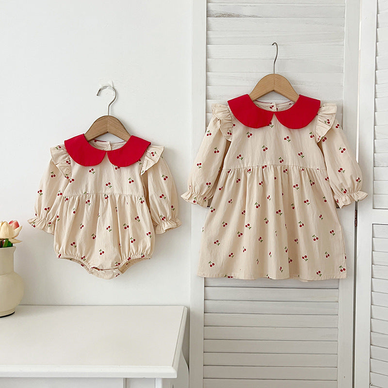 Arrival Autumn Baby Kids Girls Long Sleeves Cherry Pattern Peter Pan Collar Onesies and Dress – Princess Sister Matching Set-0