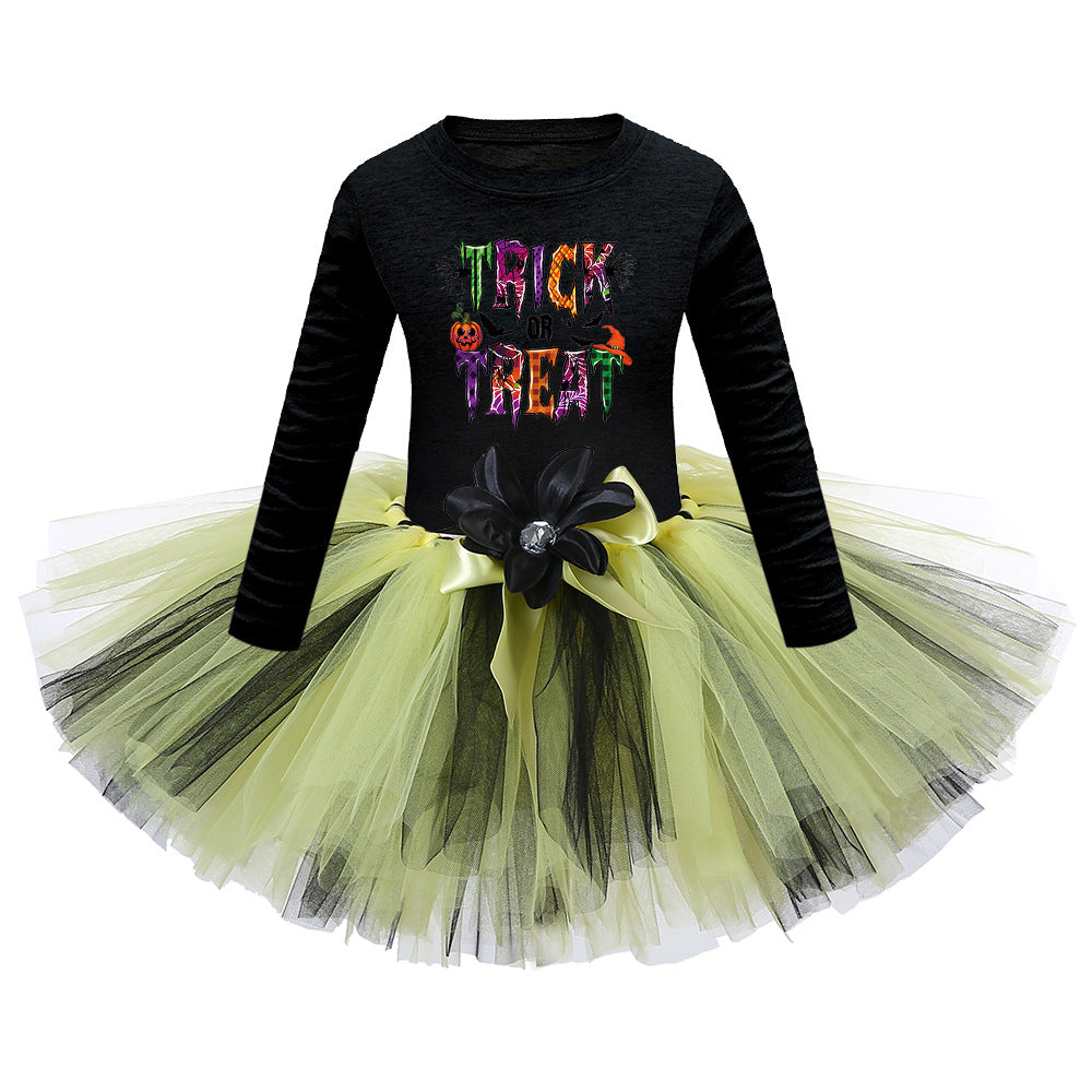 Arrival Girls’ Halloween Costume: Long Sleeves Cartoon Print Witches Cosplay Party Tulle Patchwork Dress-0