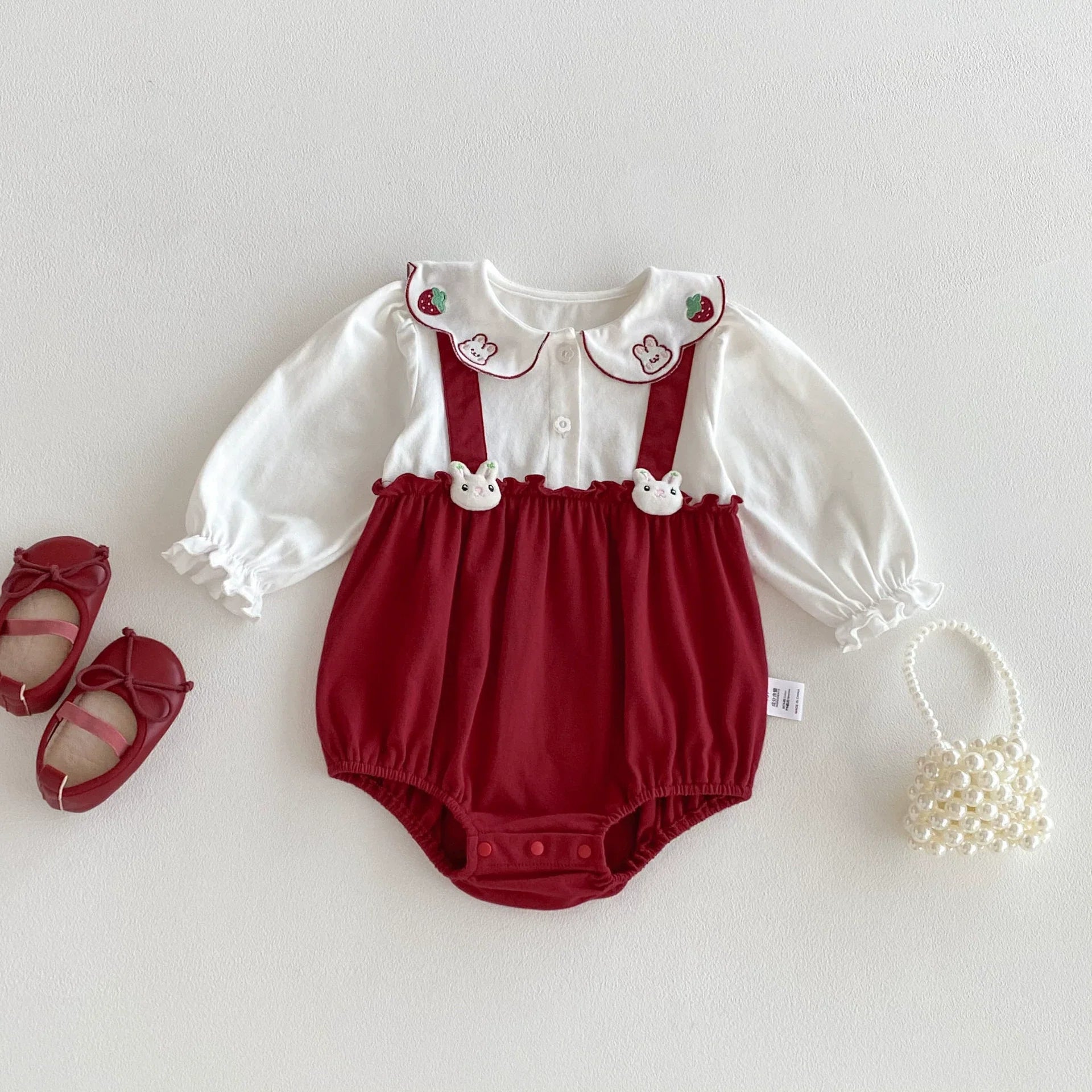 Autumn Arrival Baby Girls Long Sleeves Strawberry and Rabbit Pattern Color Patchwork Onesies-4
