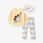 Winter and Autumn Girls Dinosaurs Cartoon Pattern Long Sleeves Sweatshirt and White Pants Clothing Set-1