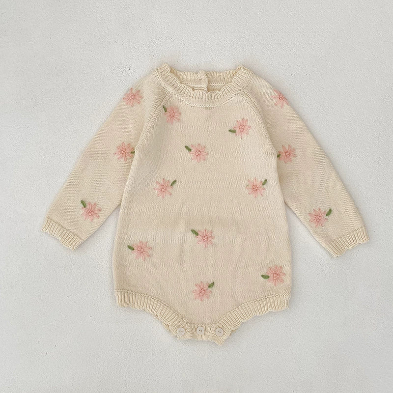 Autumn Arrival Baby Girls Knitted Long Sleeves Flowers Embroidered Pattern Onesies-3