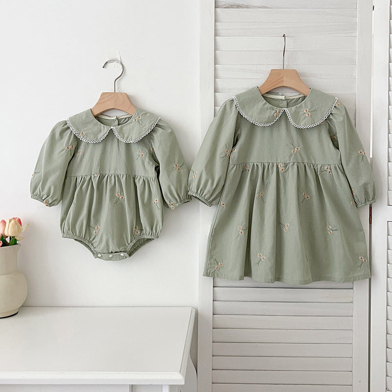 Arrival Autumn Baby Kids Girls Long Sleeves Daisy Floral Embroidery Pattern French Collar Onesies and Dress – Princess Sister Matching Set-0
