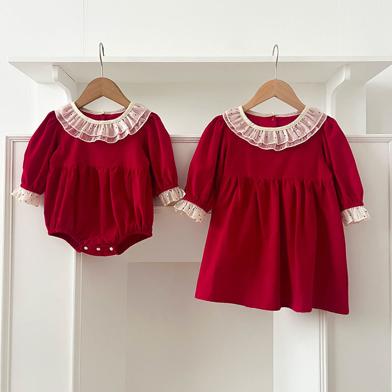 Arrival Autumn Baby Kids Girls Dots Pattern Collar Long Sleeves Onesies and Dress – Princess Sister Matching Set-0