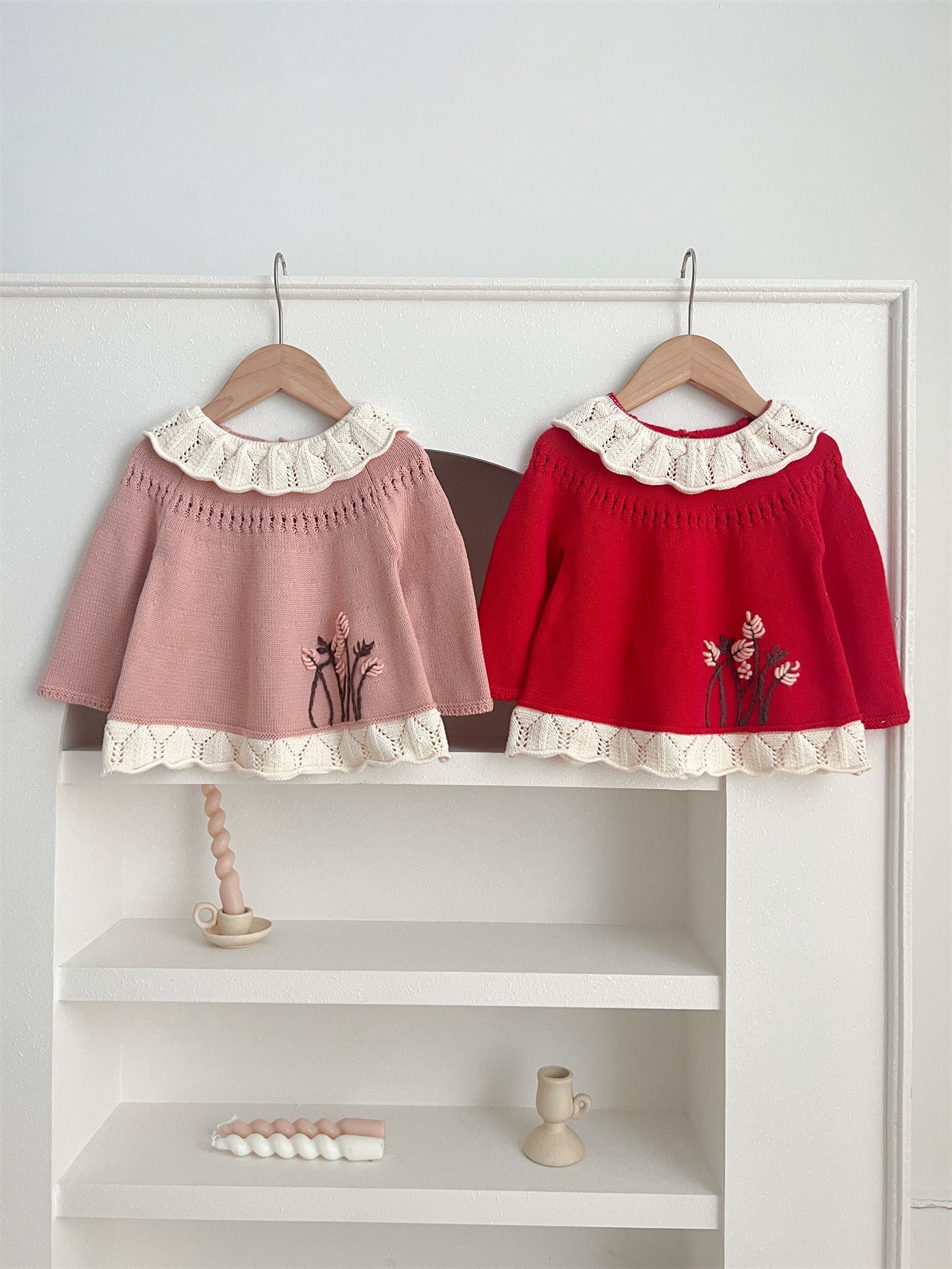 Autumn Arrival Baby Kids Girls Comfortable Hollow-out Design Knitted Long Sleeves Top with Flowers Embroidery Pattern and Collar-0