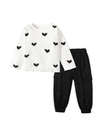 Arrival Spring And Autumn Girls Casual Black Heart Print Long Sleeves Top T-Shirt And Pants Clothing Set-0
