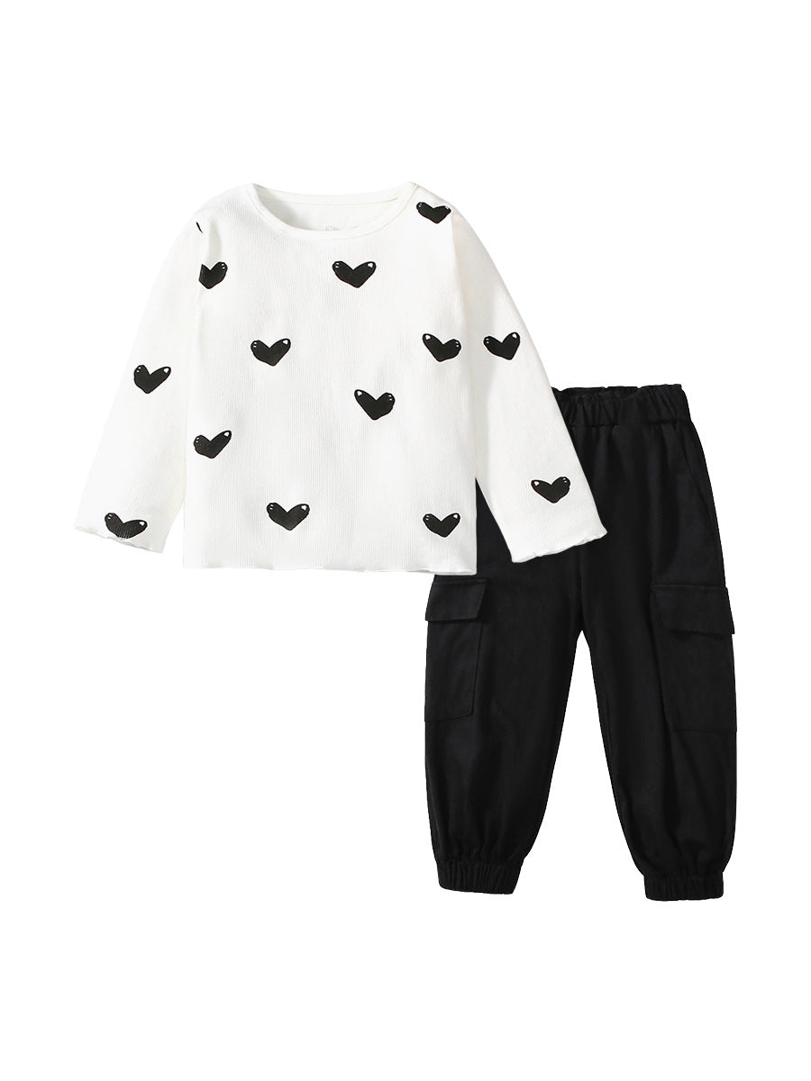 Arrival Spring And Autumn Girls Casual Black Heart Print Long Sleeves Top T-Shirt And Pants Clothing Set-0