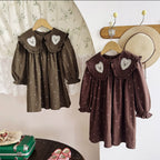 Arrival Autumn Girls Hearts Embroidery and Floral Printed Pattern Long Sleeves Dress-0