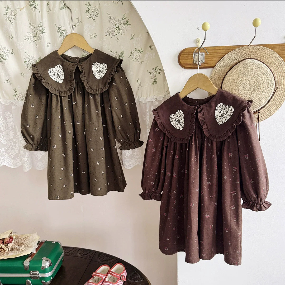 Arrival Autumn Girls Hearts Embroidery and Floral Printed Pattern Long Sleeves Dress-0