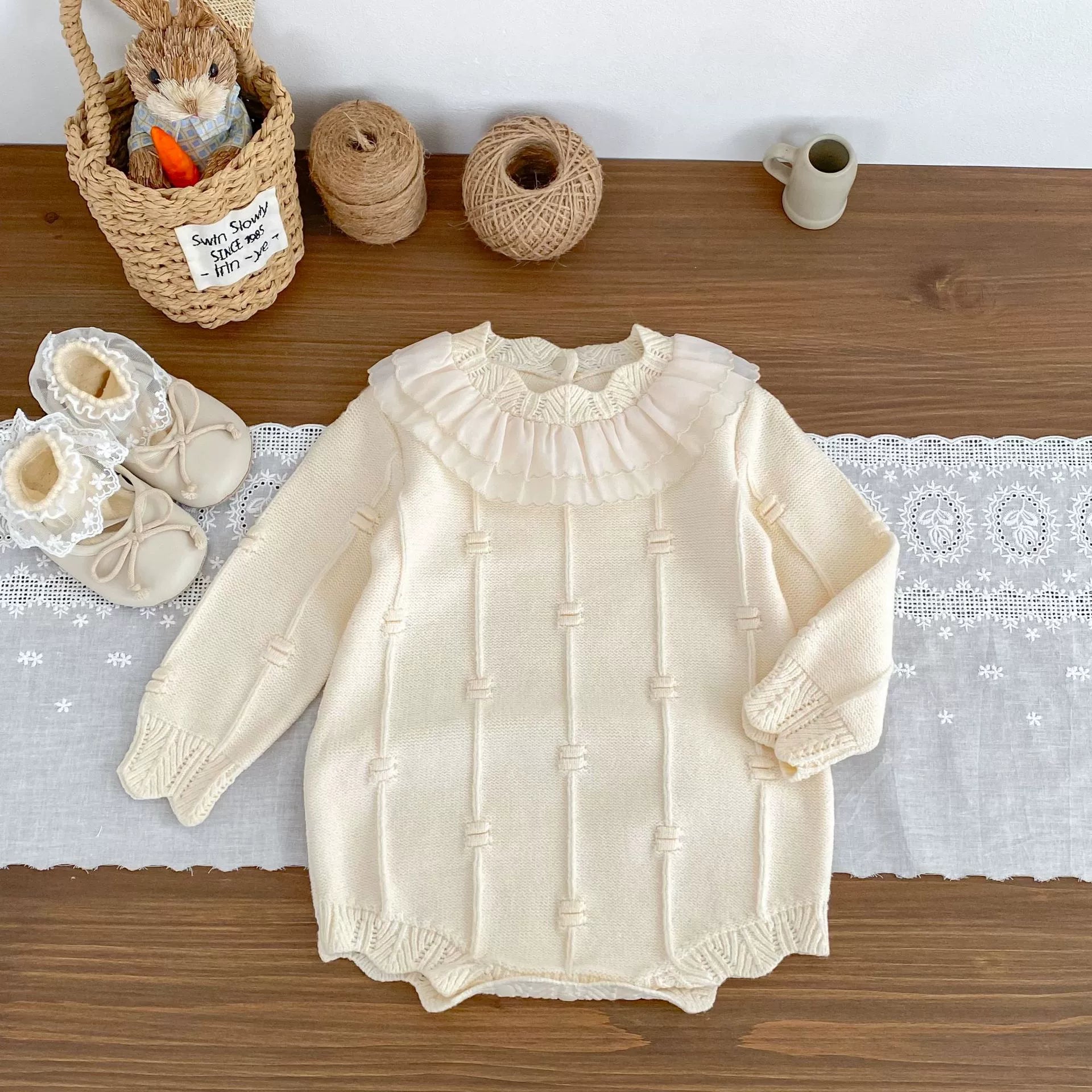Autumn Arrival Baby Girls Knitted Long Sleeves Striped Jacquard Pattern Onesies-4